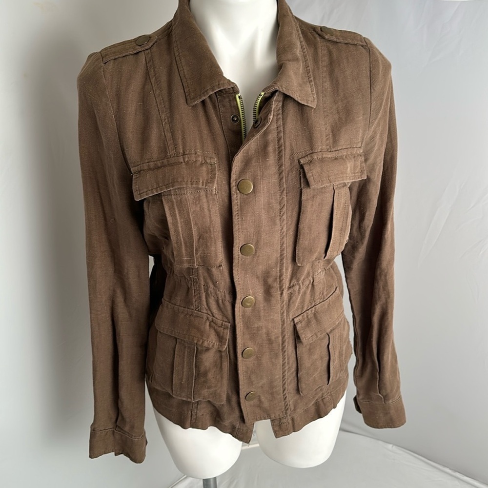 Free People olive Military Platoon linen full zip and snap utility jacket